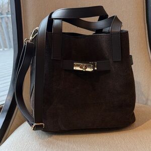 Chic Dark Brown Suede Shoulder Bag with Gold-Tone Hardware